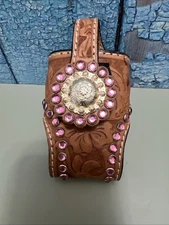 Cowboy Decor Tan Tooled Leather Pink Rhinestones Knife / Flip Phone Clip Holster