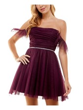 CITY STUDIO Womens Short Dress Purple Flutter Sleeve Mesh Lined Belt Juniors 3