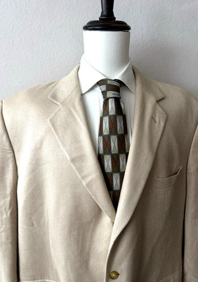 Mazzoni 100% Silk Sport Coat Jacket Men's 50R Beige/Tan Three-Button Herringbone
