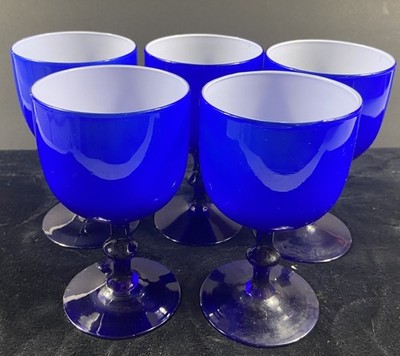 Set of 5 Carlo Moretti Cobalt Blue  Wine Glass Cased Glass White Inside MCM