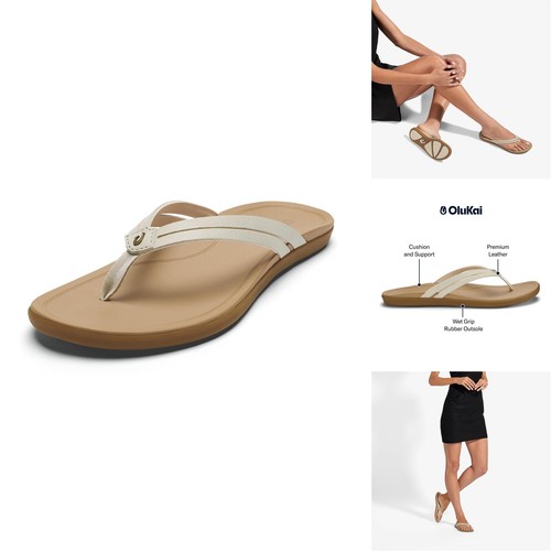 OluKai Ho'opio Hui Women's Leather Sandals, Flip Flops Everyday Wear, Arch