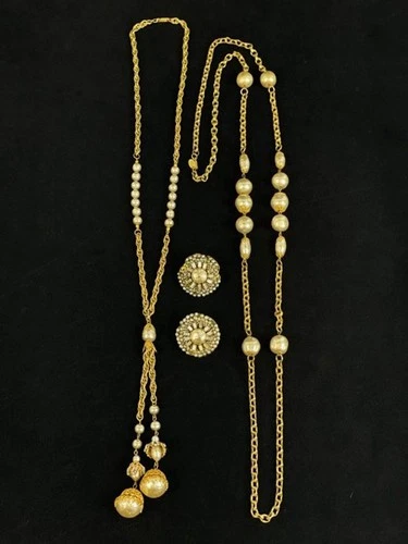 VTG Miriam Haskell Signed Baroque Pearl & Gold Chain Tassel Necklace & Earrings