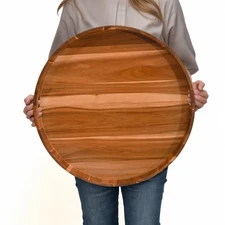 20" Extra Large Round Acacia Wood Serving Tray - Heavy Duty Ottoman & Coffee ...