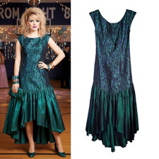 VTG 80s Handmade Iridescent Green Blue Taffeta Back Bow Prom Dress S M
