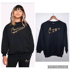 New Girls Nike Sportswear Black Icon Fleece Sweatshirt Oversized Gold Logo Sz L