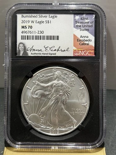 💥 Burished Silver Eagle 2019 W Eagle S$1 MS 70 ANNA CABRAL Signed NGC 💥