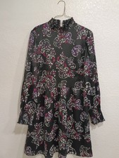LOFT 12 Paisley Ruffle High Neck A-Line Short Dress Black Purple Long Sleeve