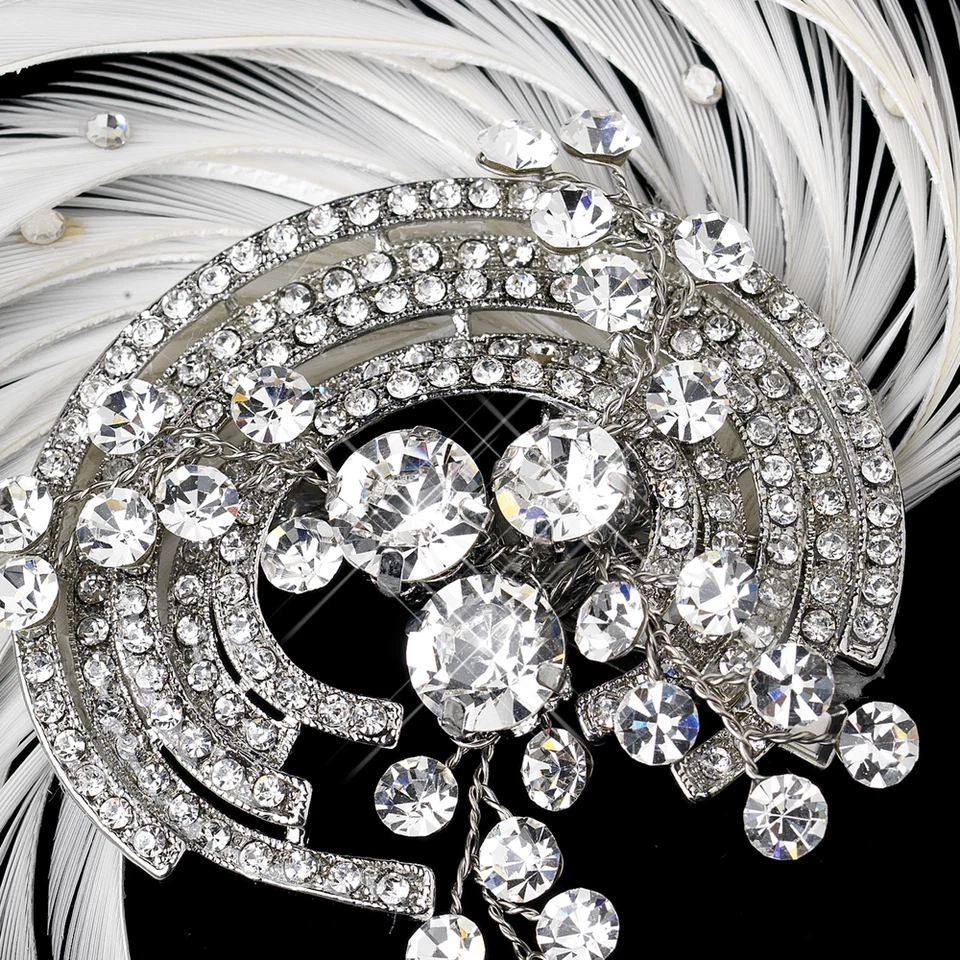 Pinza para el pelo nupcial estilo años 20 grande Gatsby plata cristal y pluma marfil Foto 2 de 2