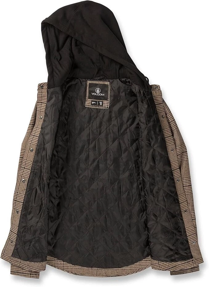 Volcom Women's M Hooded Flannel Jacket CARAMEL HOUNDSTOOTH Check BLACK SNOWBOARD - Image 3 of 4