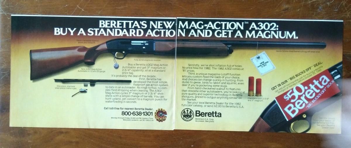 1982 Beretta Mag Action A302 Autoloader Shotgun Vintage Print Ad