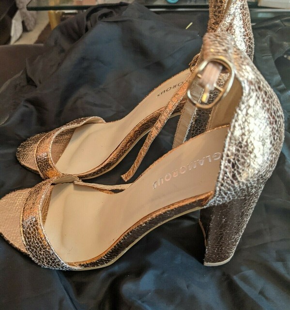 gold barely there block heels