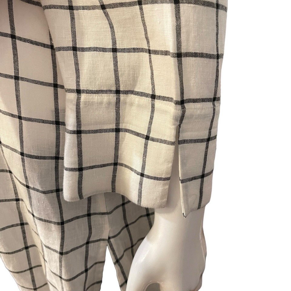 Investments Sz 14 100 Linen Tunic Blouse Top Ivory White Black Check