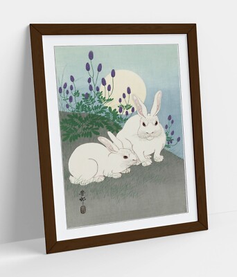 OHARA KOSON, HASEN BEI VOLLMOND - GERAHMTES KUNSTBILD PAPIERDRUCK