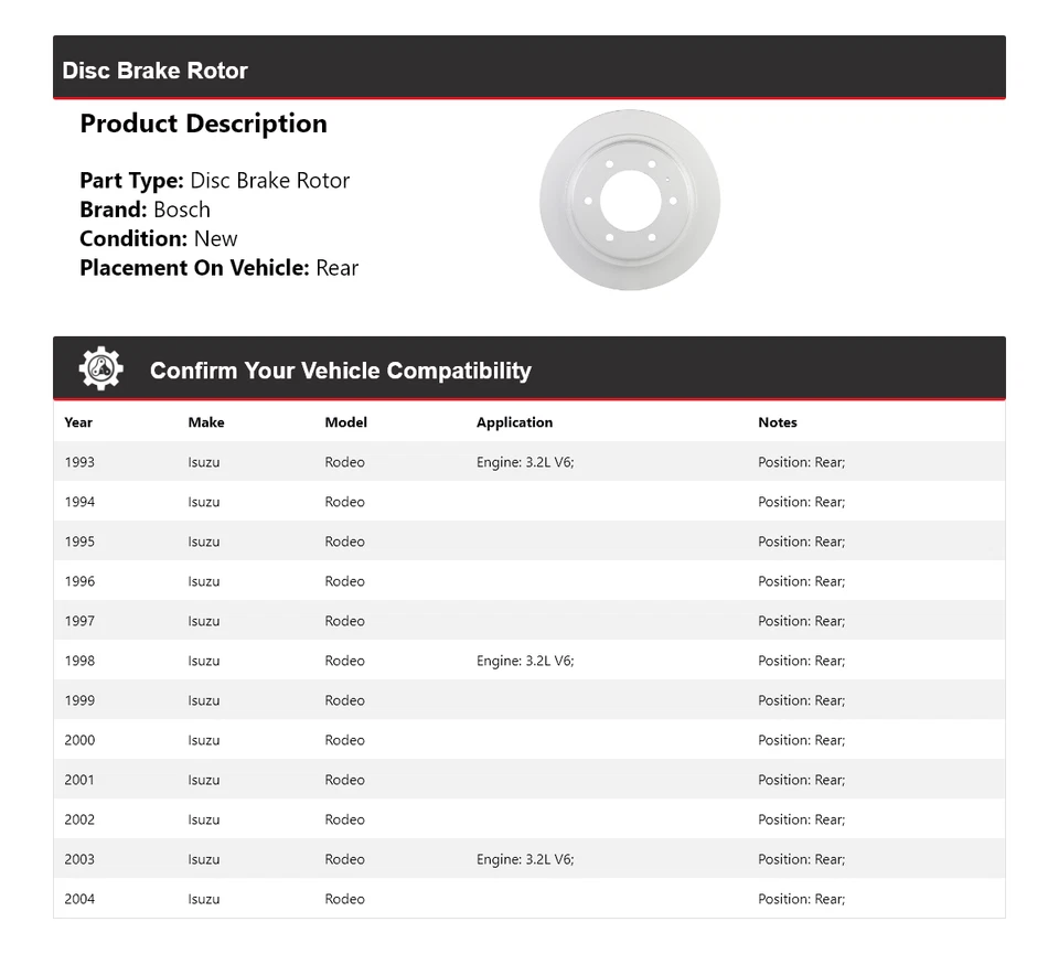 Rotor de freno de disco trasero QuietCast Bosch 1993-2004 Isuzu Rodeo 1994 1995 1996 Foto 2 de 4