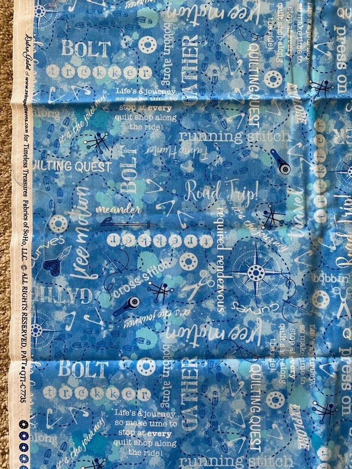 Tela Debra Gabel Timeless Treasures QTI-C7735 Quilters Trek azul con palabras blancas Foto 2 de 2