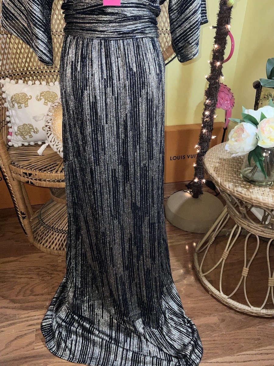 Lilly Pulitzer Parigi Elbow Sleeve Maxi Women's Clothing True Navy X Gold Metallic ROPE Stripe Crinkle KNIT : XL