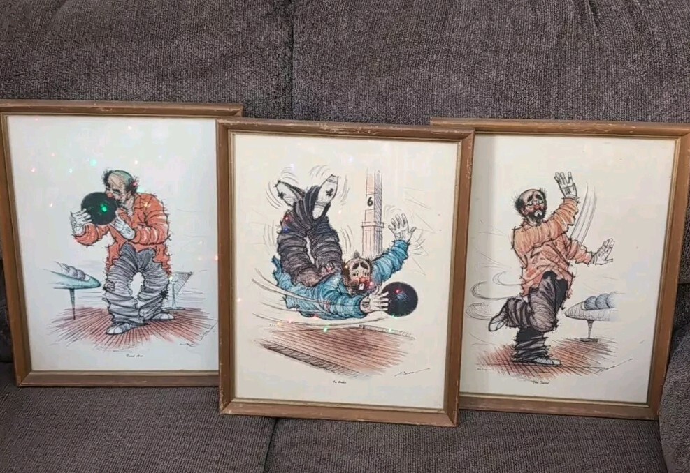 3 VINTAGE CLOWN DRAWINGS SIGNED In Wood Frames 