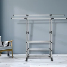 Heavy Duty Commercial Garment Rack Double Bar Rolling Collapsible Clothing Shelf