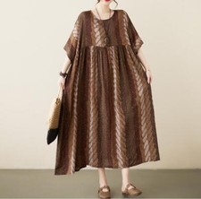 Womens New Fashion Summer Round Collar Short Sleeve Loose Stripe Printed Dress