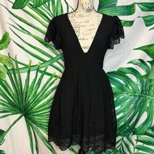 Forever 21 Small Deep V Neck Eyelet Flowy Black Party Casual Date Night Dress