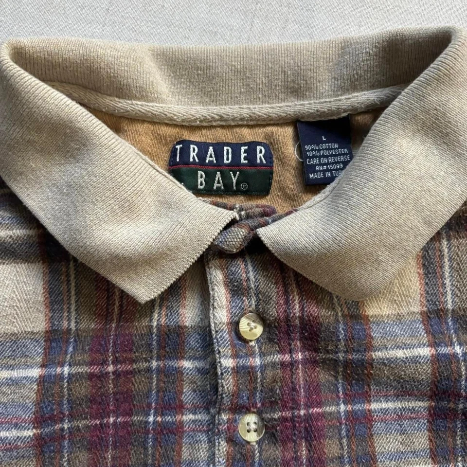 Vintage Trader Bay Plaid Polo Shirt Beige Red Size L Cotton Blend Y2K - Image 2 of 4