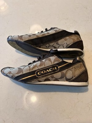 Coach Signature Women's Brown Canvas Sneakers Shoes Sz 9M Lace-Up tan Very NICE!
