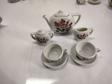 Vintage 9pc MINIATURE TEA SET Porcelain - Floral Scene -Japan In Red
