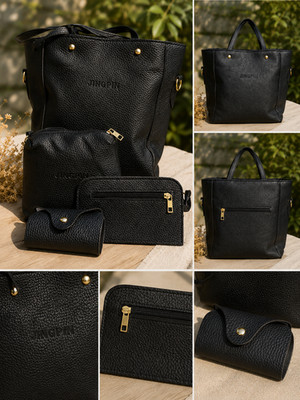 JINGPIN Black Shoulder Bag Set with Pouch, Gold Tone Hardware, Zipper Accent