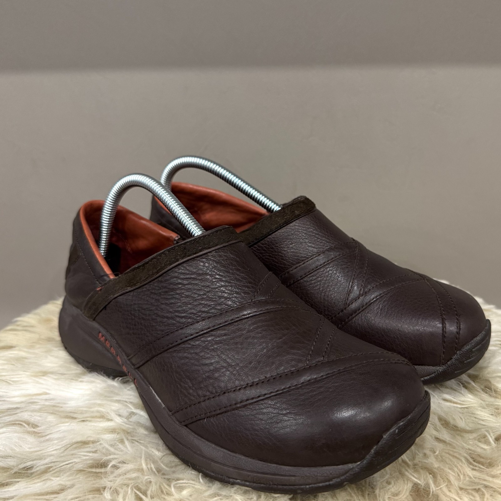 Scarpe zoccoli slip on Merrell Primo Patch Bug in pelle marrone da donna taglia 10 J63796