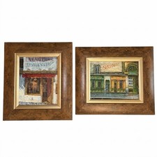 Par de pinturas al óleo originales de Mariel Chapot firmadas enmarcadas escena callejera de café francés