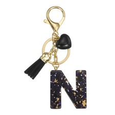 Alphabet Initial Letter Keychain Cute Charm with Tassel Heart Letter N Black