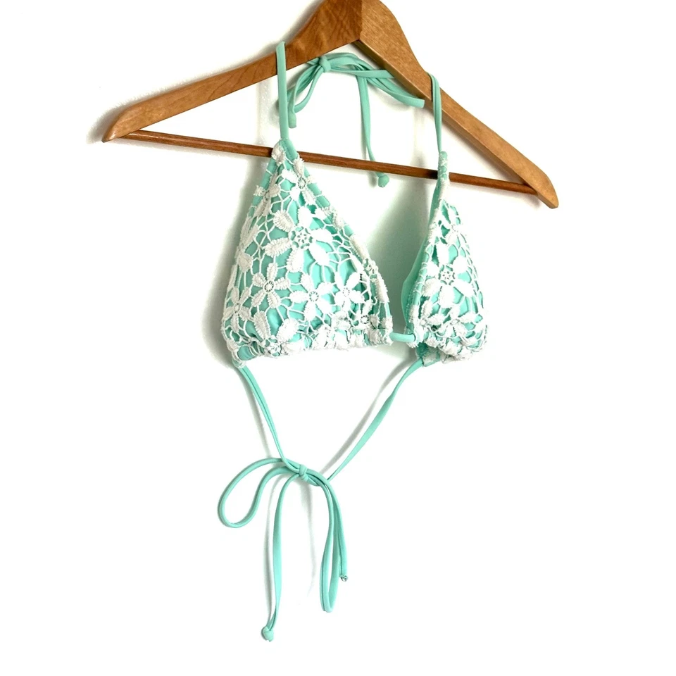 Top de bikini Xhilaration para mujer XL verde blanco ganchillo encaje triángulo acolchado Foto 2 de 4