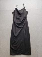 Lulus Women Midi Dress S Black Spaghetti Strap Draped Ruched Cowl Neck Formal