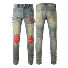 New Pop Men's Pants Shiny Red Patchwork Skinny Fit Ripped Bleach Blue Jeans 6552