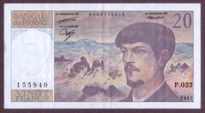 FRANKREICH 20 FRANCS Banknote 1987 Zustand III+ XF+ SPL+ S/N P022/155940 P.151b