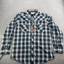 Wrangler Wrancher Western Shirt Mens Large L/S Pearl Snap Teal/Blue Plaid