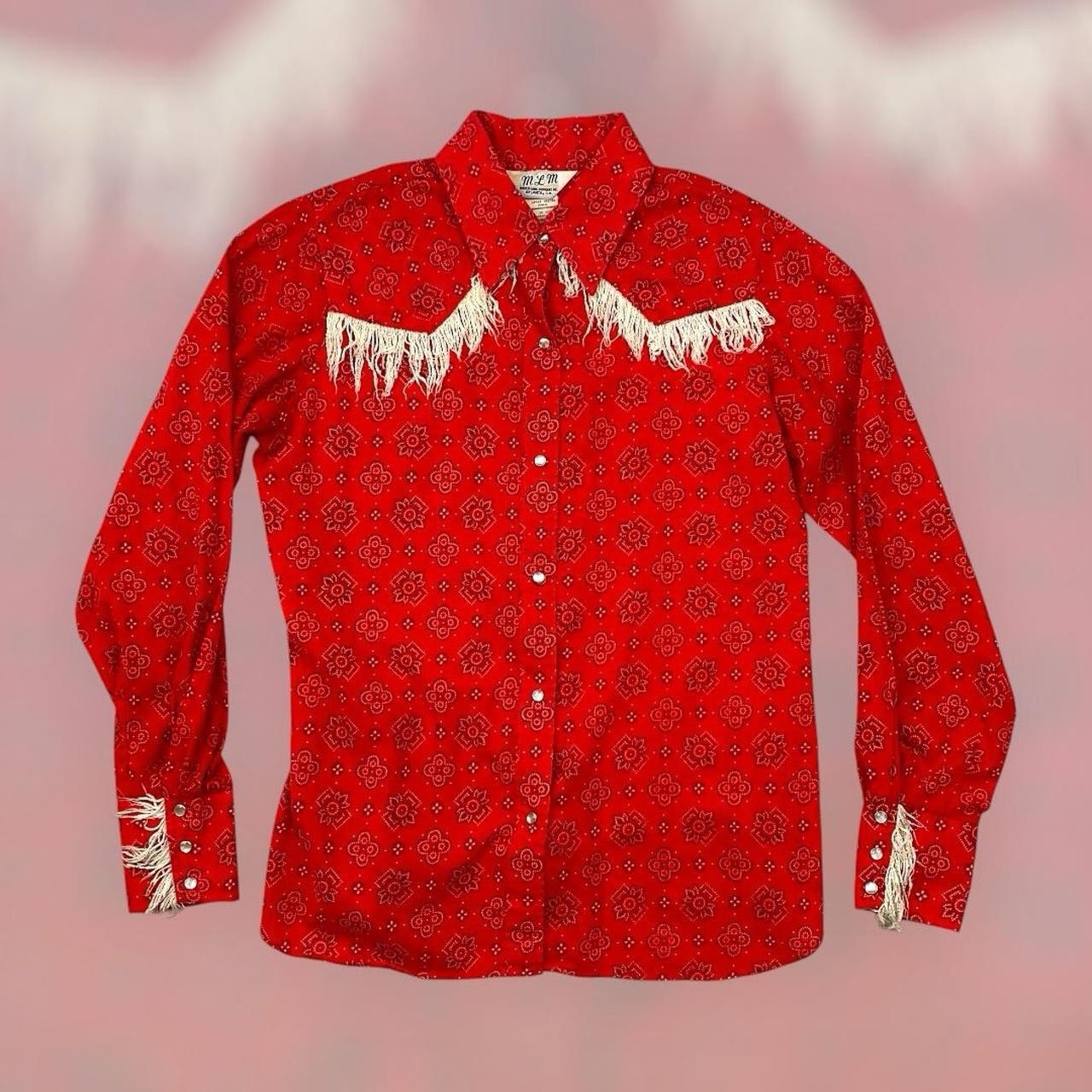 Vintage 80s Rodeo Western Pearl Snap Shirt with Paisley Bandana Fringe Women's Size L Red