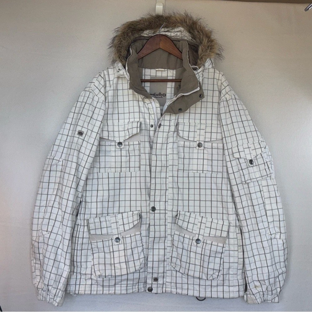 PLANET EARTH Men's Snowboard Coat Large White Checkered Ski Jacket Faux Fur Hood image 2