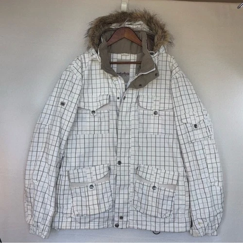 PLANET EARTH Men's Snowboard Coat Large White Checkered Ski Jacket Faux Fur Hood image 2
