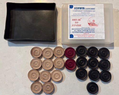 Vintage Ashwin Wood Carrommen Pieces Discs Carrom Men (10 Black) (11 Tan) 2 Red