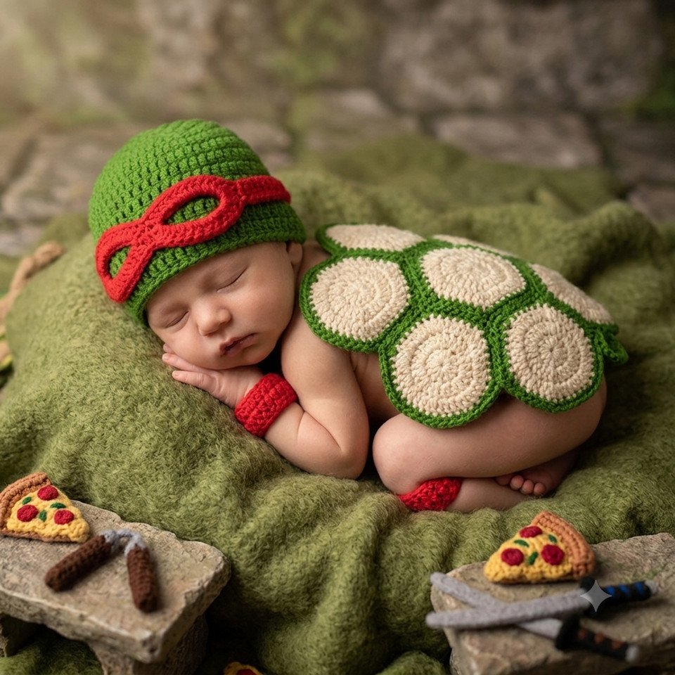 Conjunto de traje de disfraz de tortugas ninja de ganchillo hecho a mano - utilería de fotografía para recién nacidos