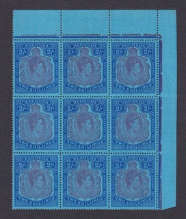 Bermuda. 1942. SG 116c 2/ purple & blue/deep blue block of 9. Unmounted mint.