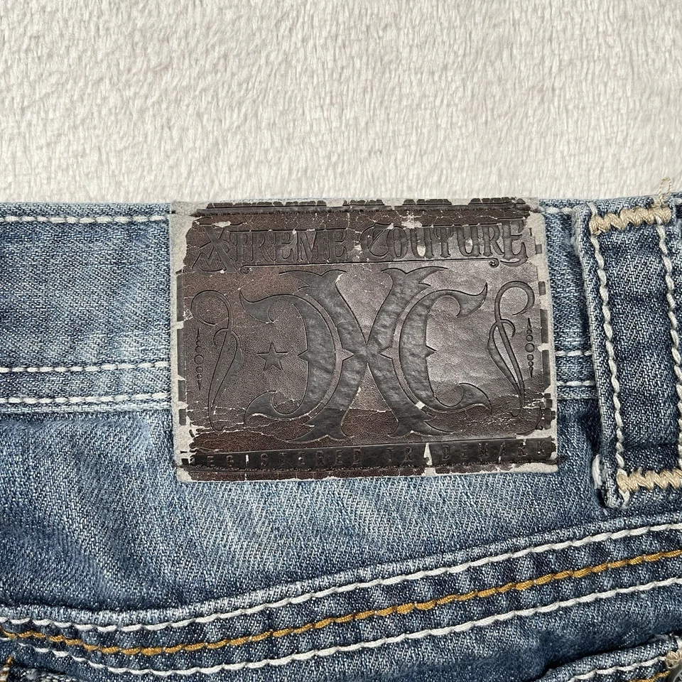 Pantalones de mezclilla Xtreme Couture para hombre 32x29 azul pierna recta bordados solapa bolsillo Y2K Foto 4 de 4