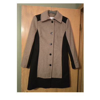 Calvin Klein Women's Two Toned Wool Overcoat Beige Black Button Size 6