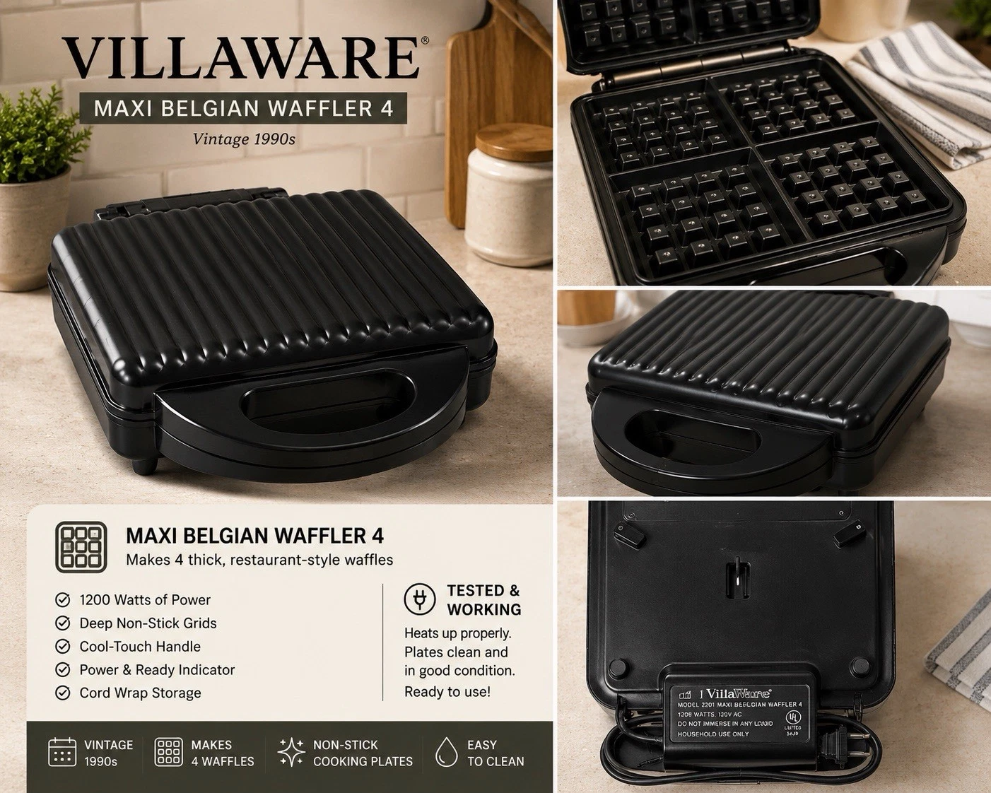 VillaWare Maxi Belgian Waffler 4 Vintage Waffle Maker Model 2201 Works