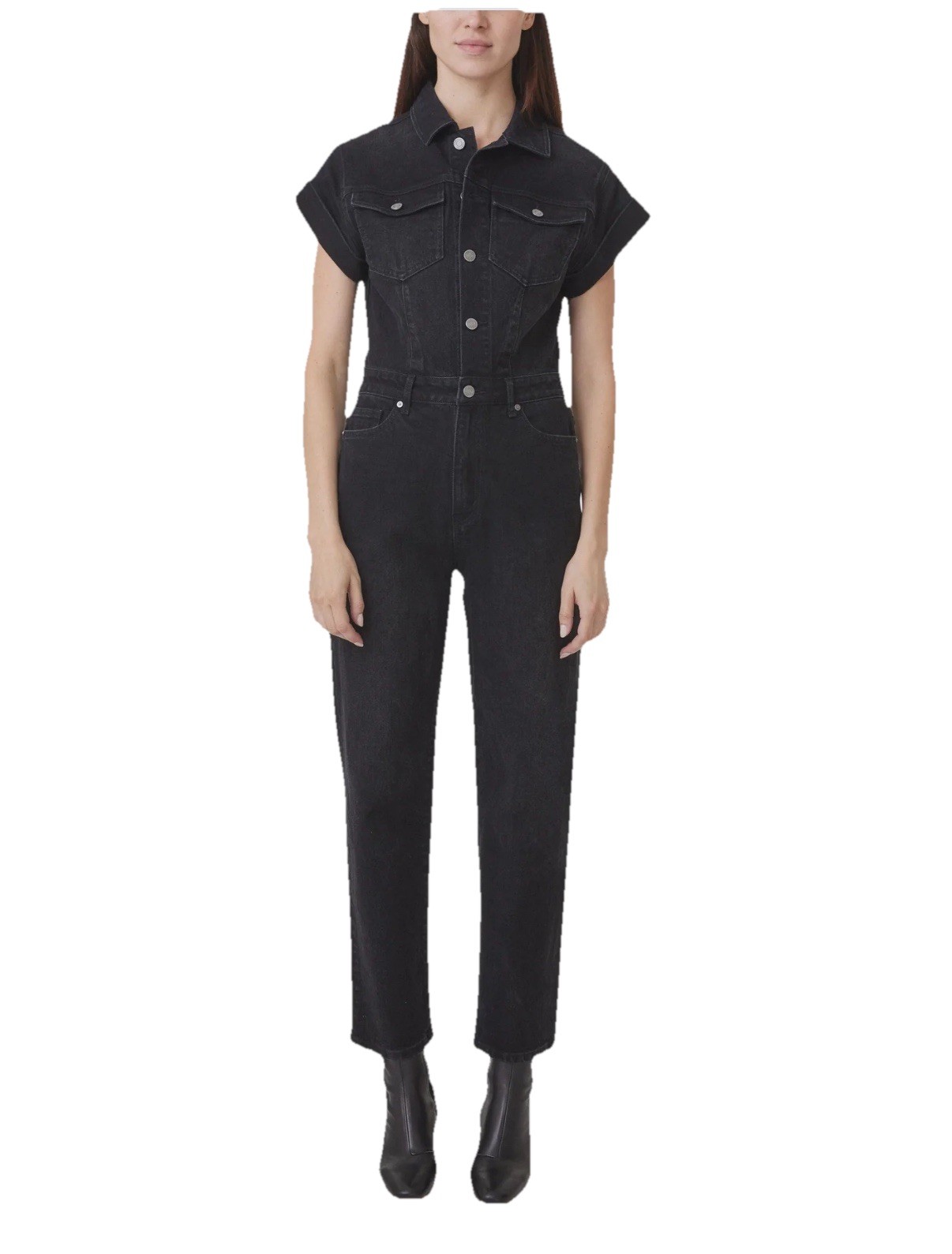 Habitual Jumpsuit Sloane Short Sleeve Utility Black denim Stretch Romper 4
