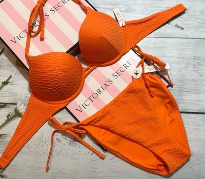 Victoria s Secret Swim Bombshell +2 cups Push-Up Side Tie Cheeky Set Orange
