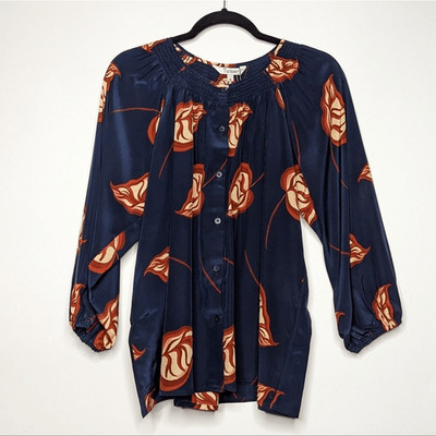 Tucker NYC Classic Blouse Midnight Begonias in Crepe de Chine Silk Top Smock