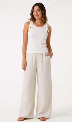 Pants Store White Ribbed Tank Top Large EUC Coquette Aesthetic Satin Bow