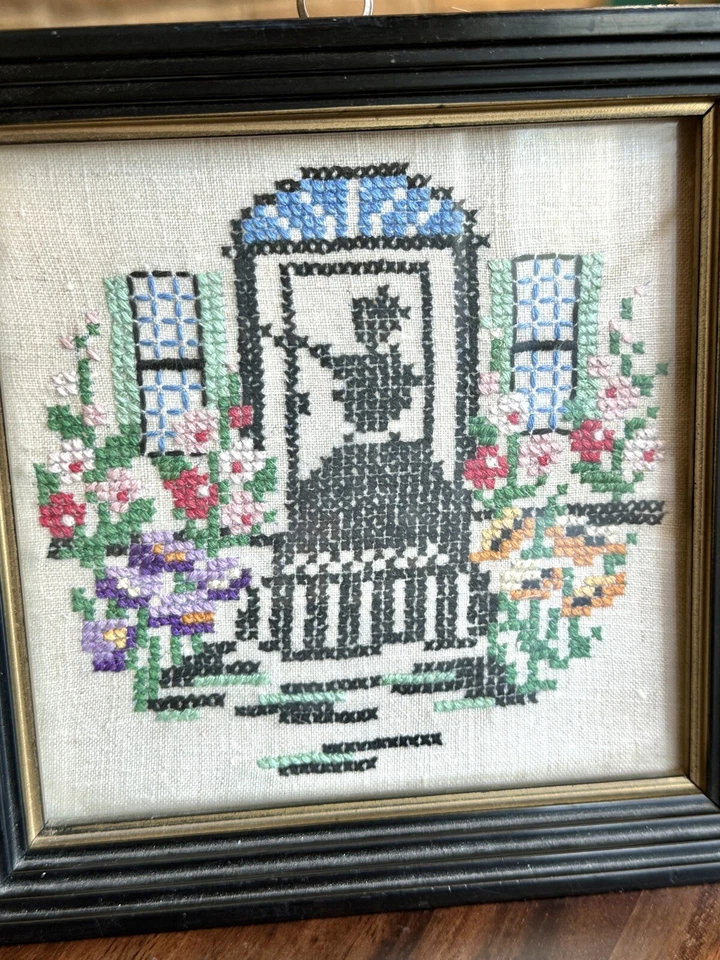 Pair Vintage Silhouette Floral Cross Stitch Art 6" Framed Cottagecore Decor - Image 3 of 4